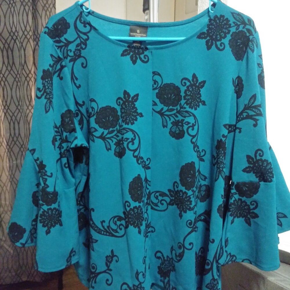 Worthington Long Bell Sleeve floral dress/business casual blouse size PXL